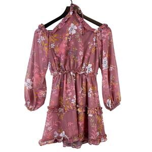 Tularosa Size XS Halter Cold Shoulder Ruffled Mini Floral Dress Pink